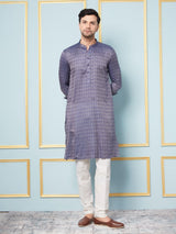 Men Navy Blue & Gold Woven Design Thread Work Kurta With pyjama