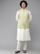 Riwaat.com Men Green & White Solid Kurta Pajama With Nehru jacket Riwaat Indo Western Mehendi