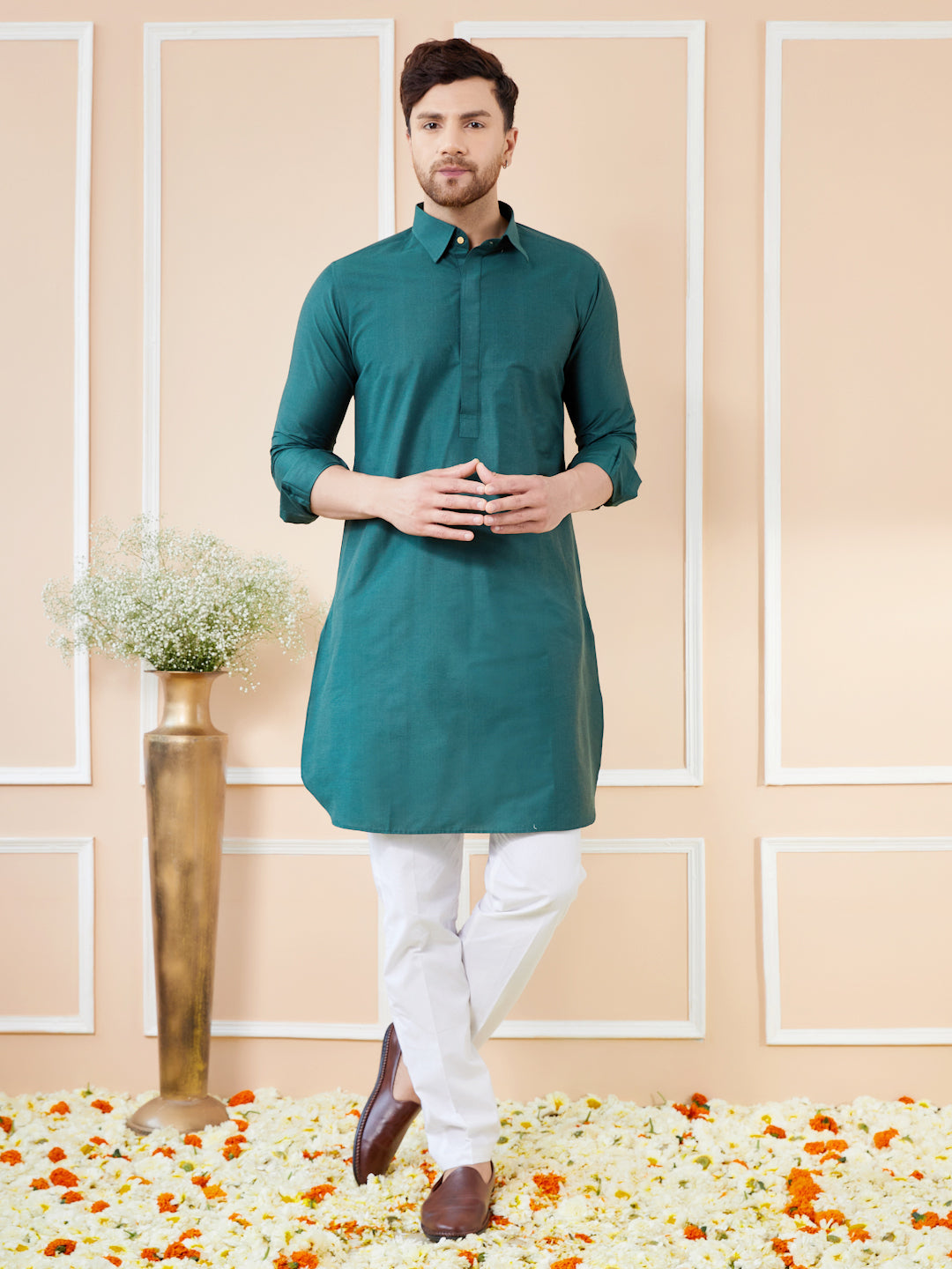 Men Green Cotton Solid Pathani Kurta with Pyjama
