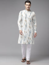 Men White with Blue and Brown Pure Cotton Printed Straight Kurta With Pajama