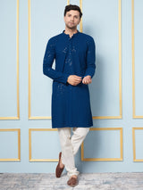 Men Royal Azure Embroidered Sequined Rayon Kurta