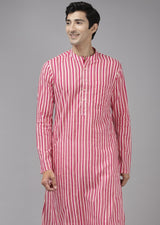 Men Pink And Gold Printed Thread Work Kurta