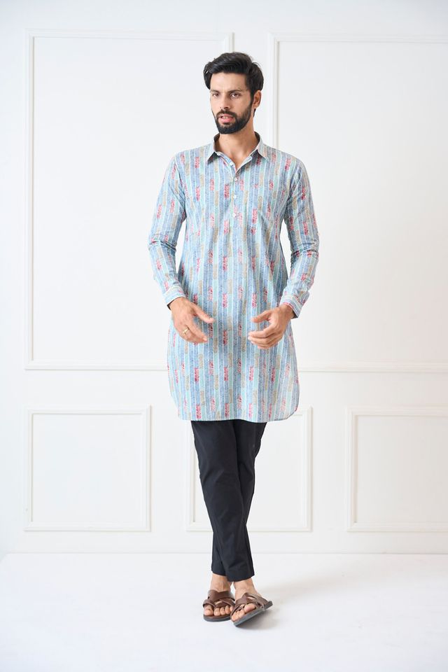 Men Multicolored Regular Pure Cotton Pathani Kurta With Black Pyjama