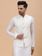 Men Off White Kurta Pajama & Subtle Woven Floral Pattern Jacquard Nehru jacket