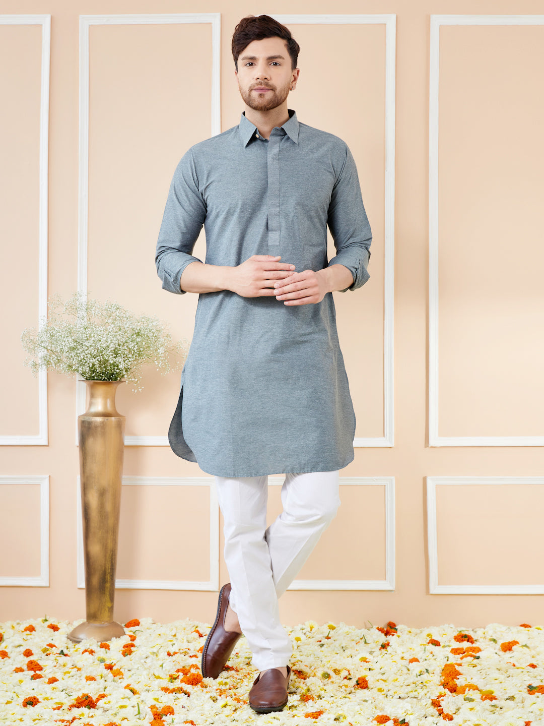 Men Grey Cotton Solid Pathani Kurta with Pyjama
