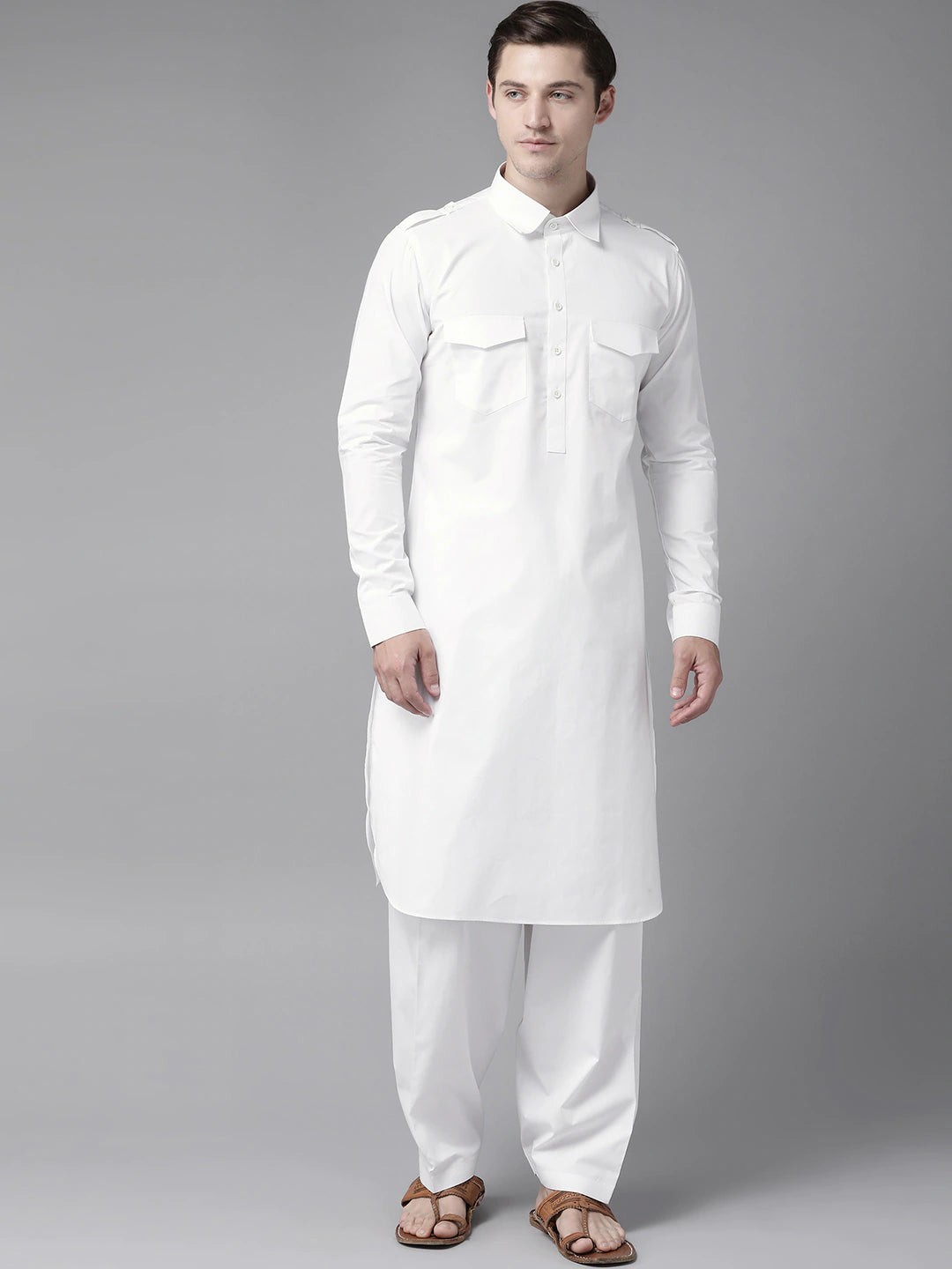 Riwaat.com Men White Pathani Kurta with Salwar Riwaat Pathani Plain