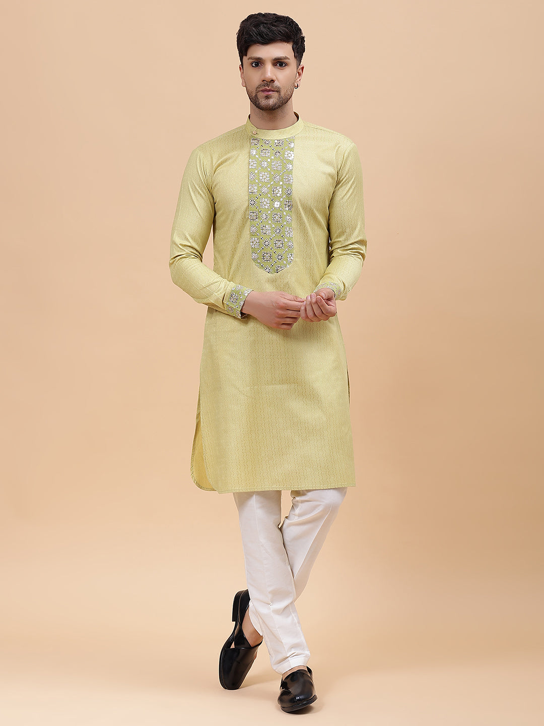 Men Gold & Green Silk Woven Design Straight Kurta With pyjama