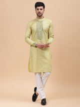 Men Gold & Green Silk Woven Design Straight Kurta With pyjama