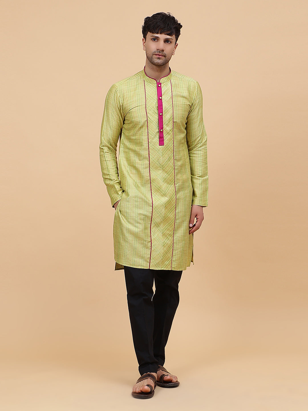 Men Lime Green Silk Woven Design Straight Kurta With pyjama
