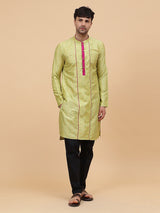Men Lime Green Silk Woven Design Straight Kurta With pyjama