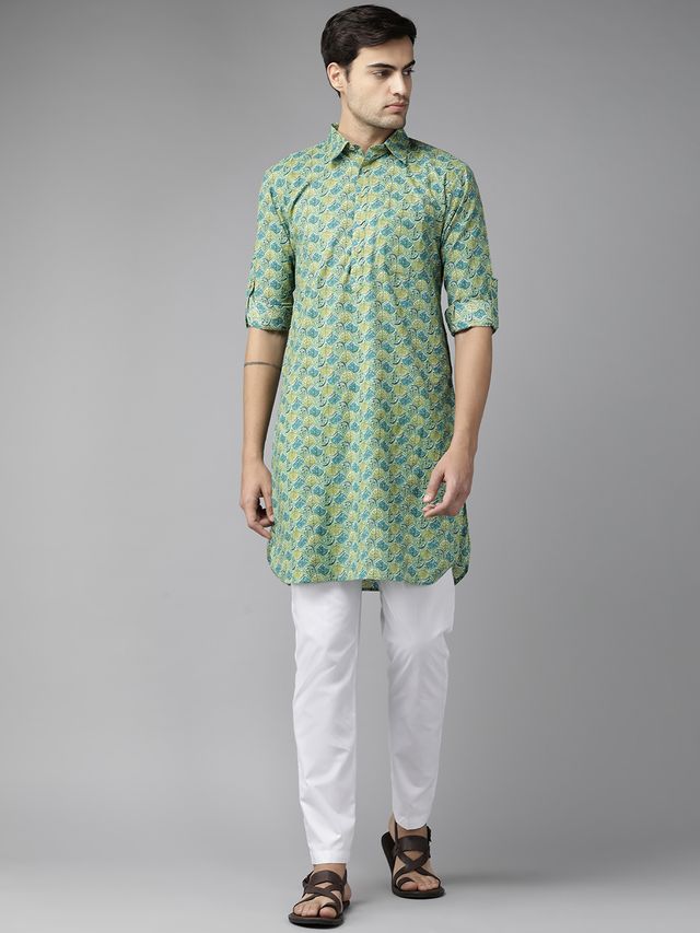 Men Green Regular Pure Cotton Pathani Printed Men's Kurta