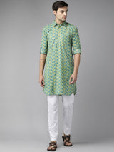 Men Green Regular Pure Cotton Pathani Printed Men's Kurta