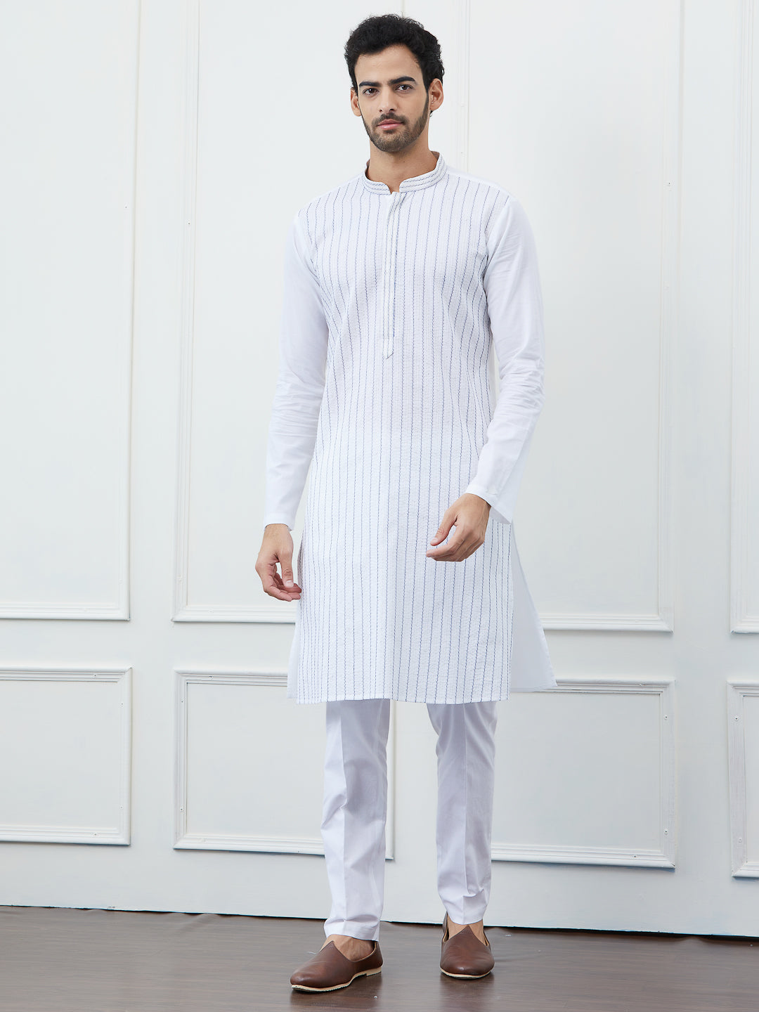 Men White Cotton Blue Thread Work & Sequince Kurta