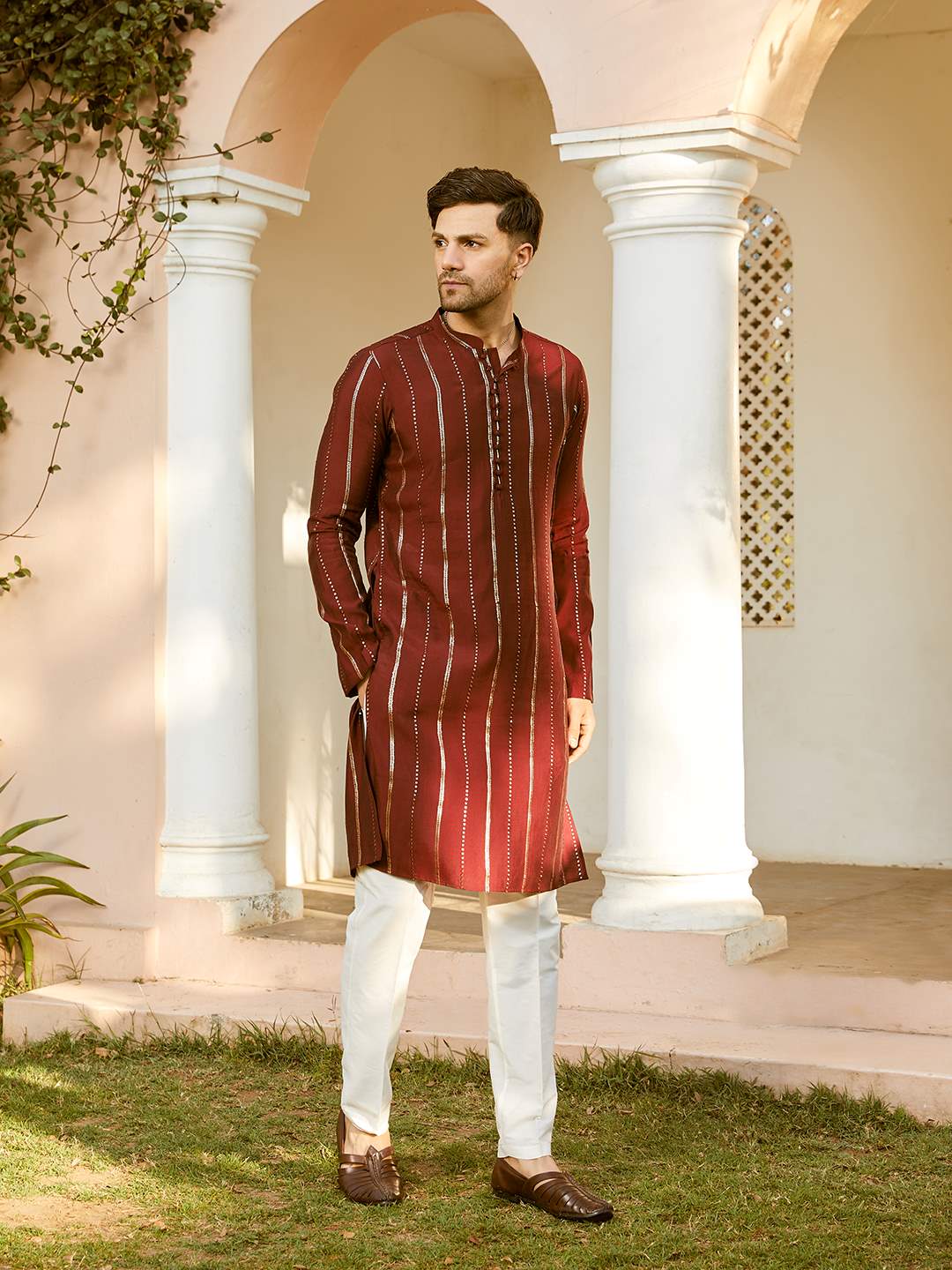 Men Maroon And Gold Chanderi Silk Sequins Kurta With Pajama