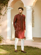 Men Maroon And Gold Chanderi Silk Sequins Kurta With Pajama