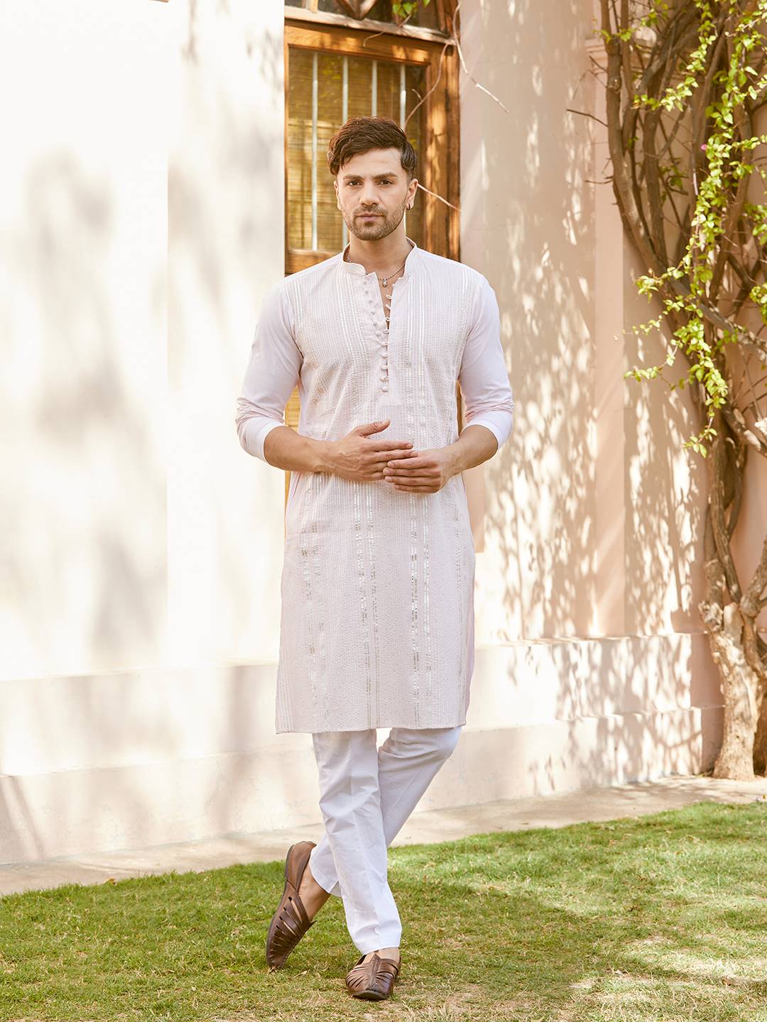 Men Blush Pink with Subtle Golden Pintex Design Sequins Cotton Kurta With Pajama