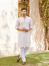 Men Blush Pink with Subtle Golden Pintex Design Sequins Cotton Kurta With Pajama