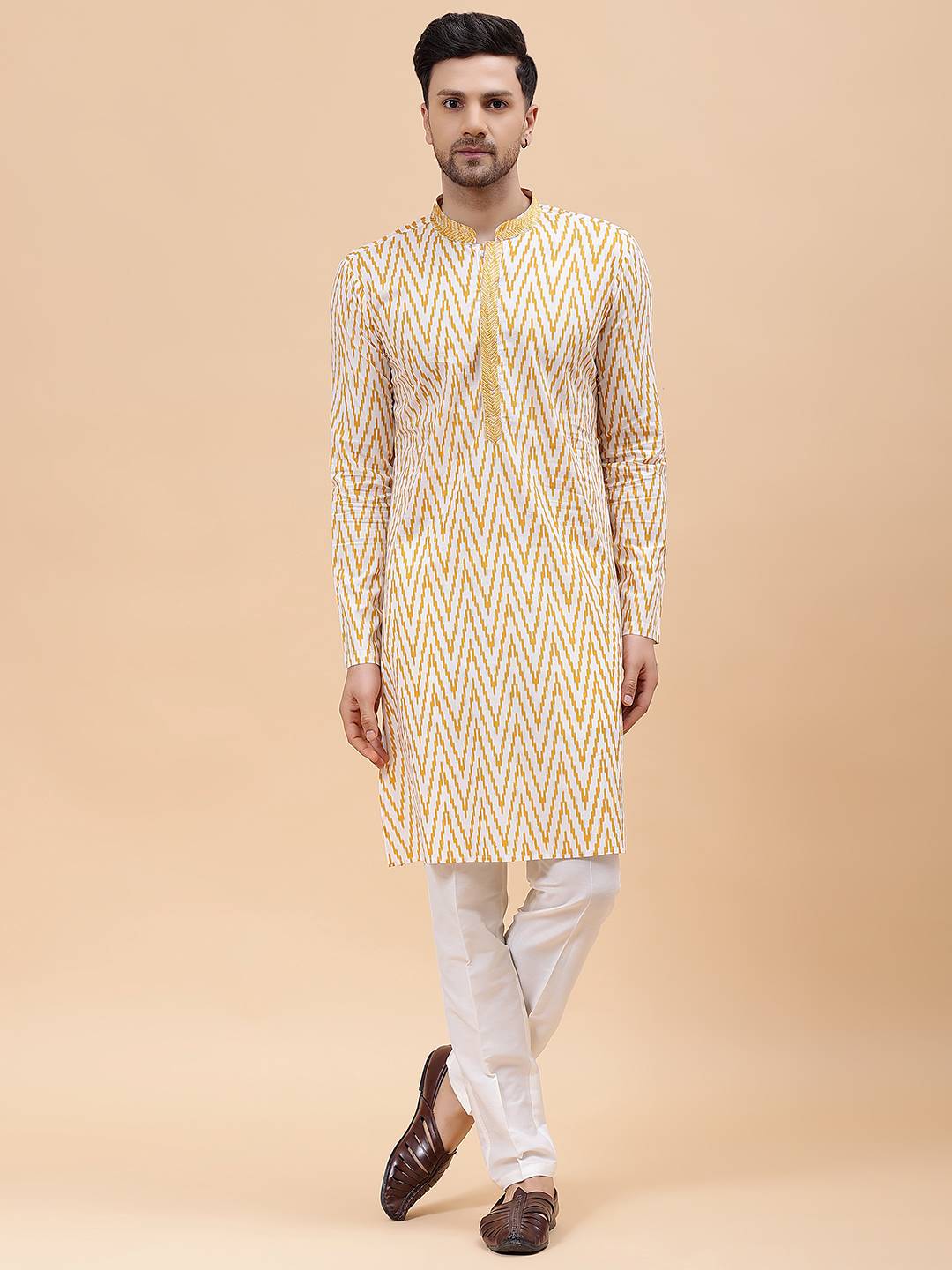 Men Off White & Mustard Pure Cotton Embroidered Straight Kurta