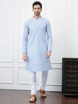 Men White with Blue Mesh Pattern Chikankari Embroidered Cotton Kurta Set