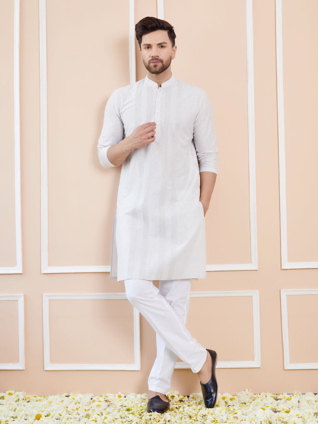 Men Off White Cotton Silk Pintex Design Thread Work Kurta With Pajama