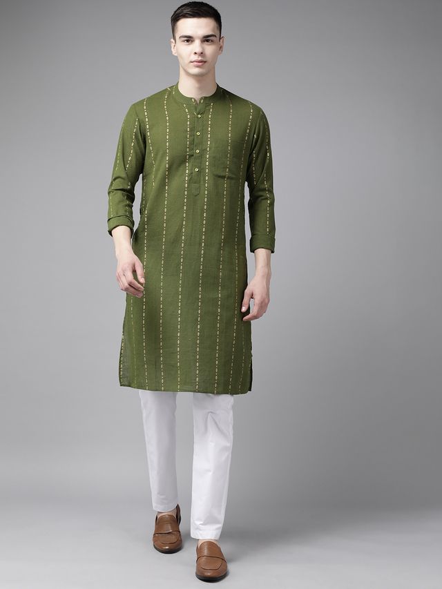 Men Green & Gold Stripe Printed Straight Kurta With Pyjama