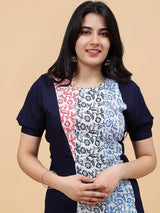 Women Navy Blue with Multicolor Floral Printed Cotton Kurti