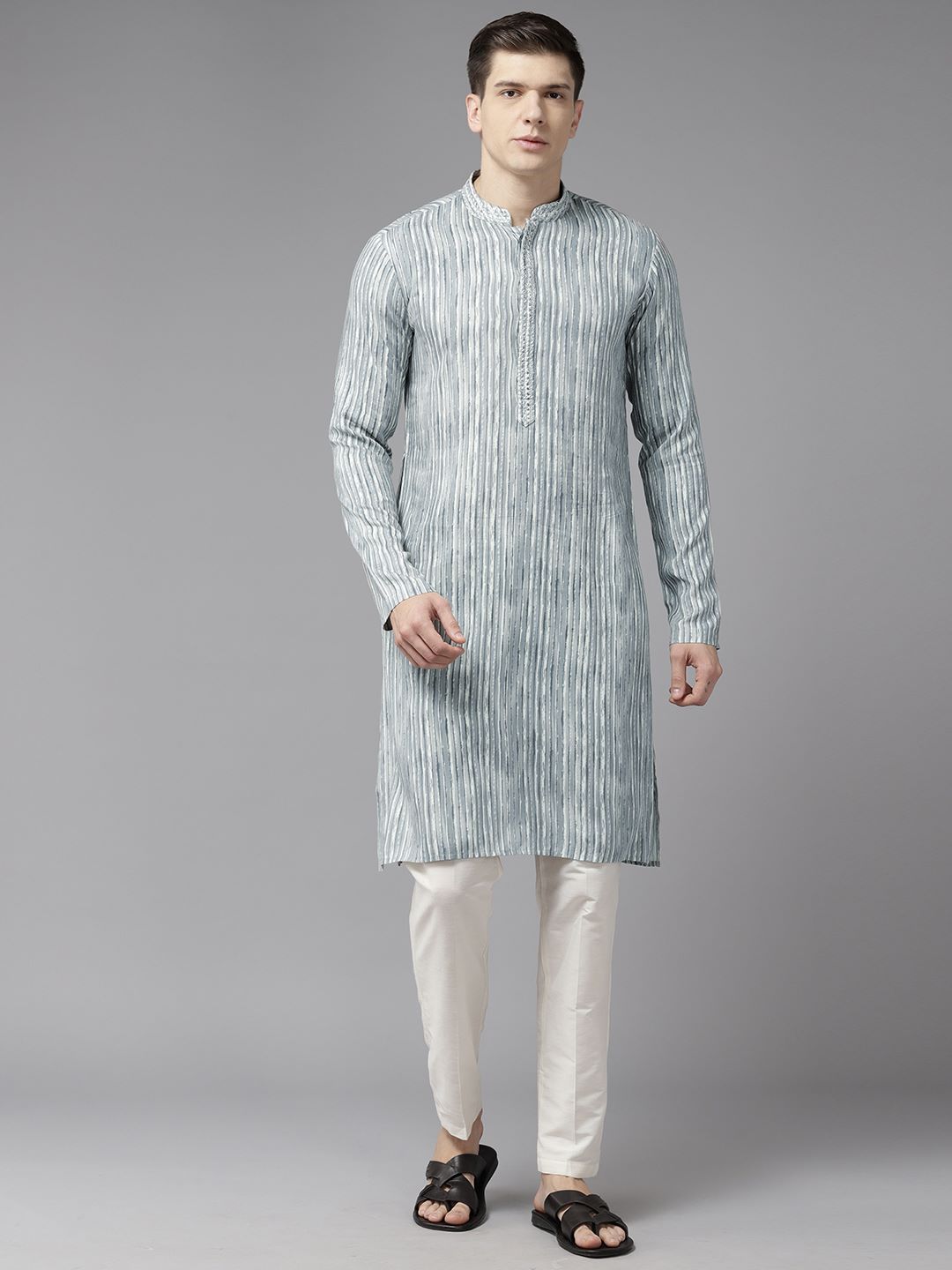 Men Off White & Grey Pure Cotton Embroidered Straight Kurta With Pajama