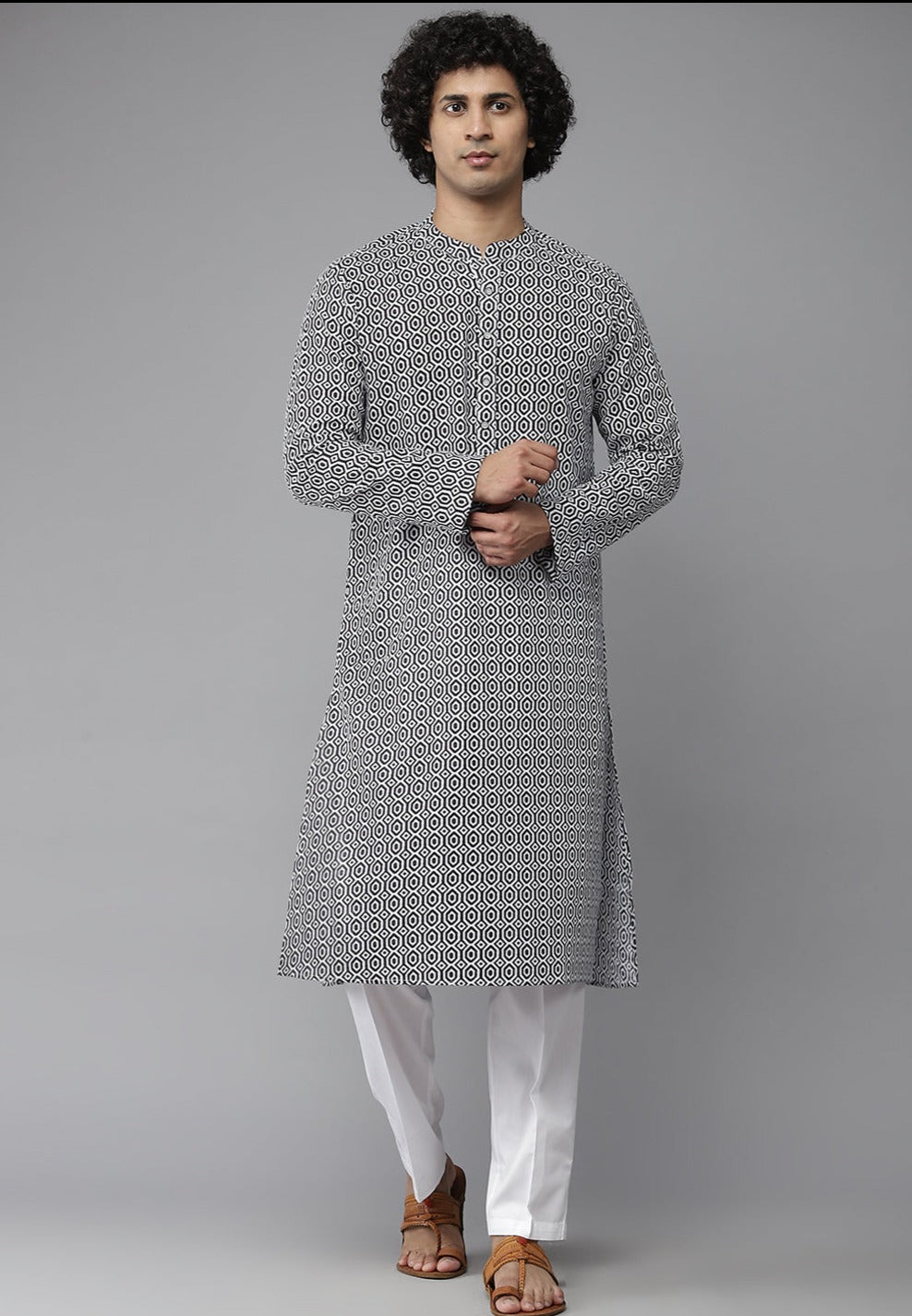 Men Navy Blue-Coloured & White Printed Pure Cotton Straight Kurta