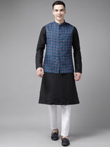 Men Black Pure Cotton Kurta Pajama With Blue Printed Nehru jacket