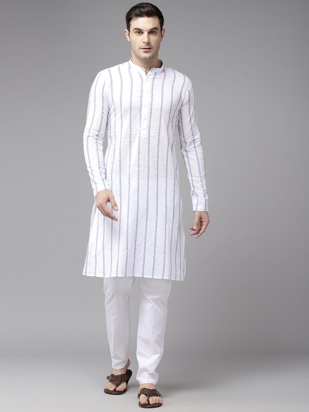 Men White with Blue Striped Pattern Pure Cotton Embroidered Straight Kurta With Pajama