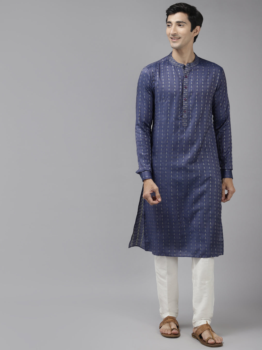 Men Purple & Beige Woven Design Thread Work Kurta