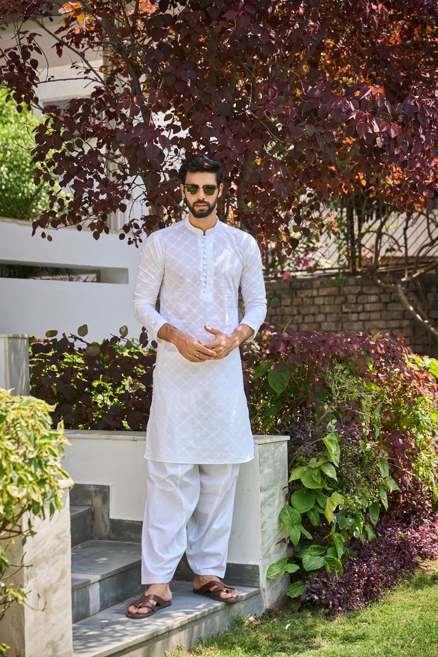 Men White Chikankari Embroidered Straight Kurta With White Salwar