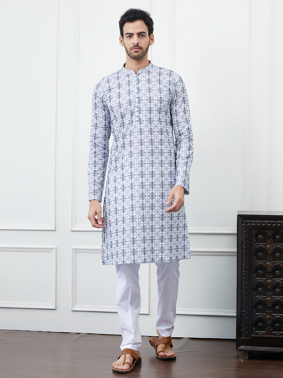 Men Cream And Blue Chikankari Embroidered Cotton Kurta Set