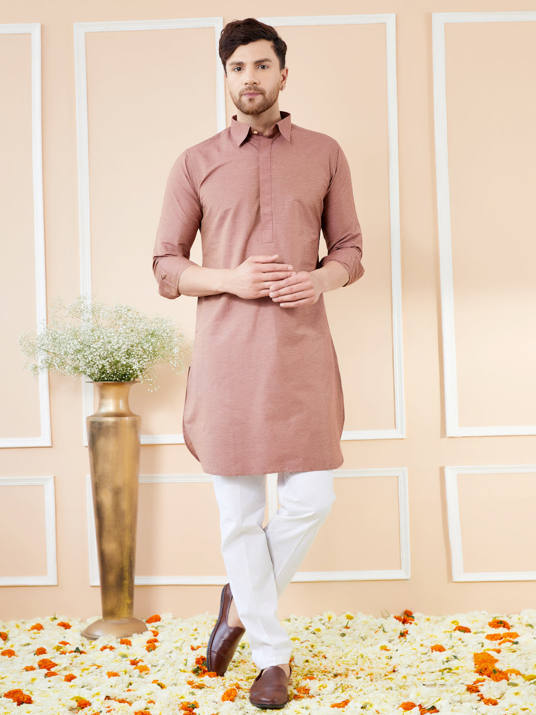 Men Brown Cotton Solid Pathani Kurta with Pyjama