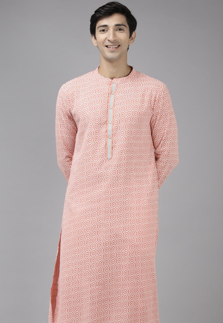 Men Peach & White Printed Pure Cotton Straight Kurta