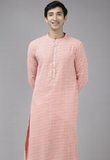 Men Peach & White Printed Pure Cotton Straight Kurta