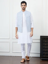 Men White And Blue Color Woven Design Chikankari Embroidery Cotton Nehru Jacket