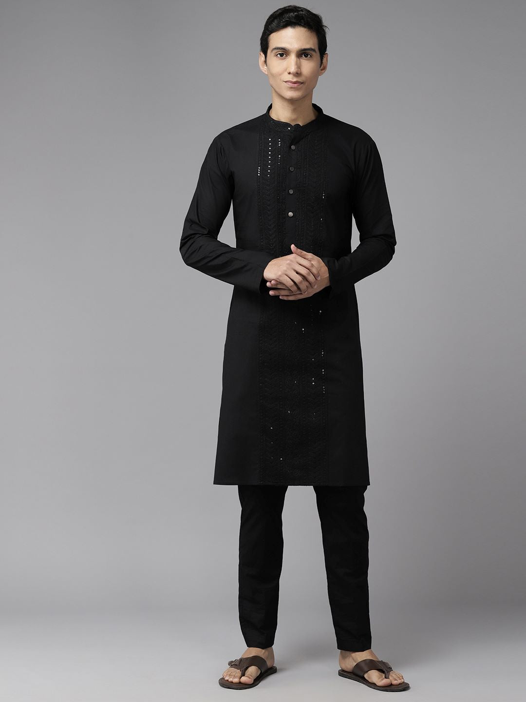 Men Midnight Black Pure Cotton Embroidered Straight Kurta With Pajama