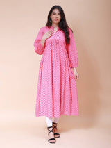 Women Pink And Off White Floral Print Cotton Maxi Dress