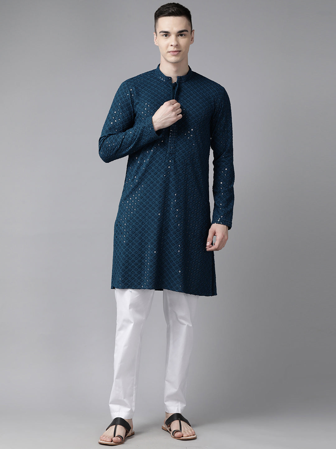 Men Teal Blue Floral Embroidered Sequins Rayon Kurta With pyjama