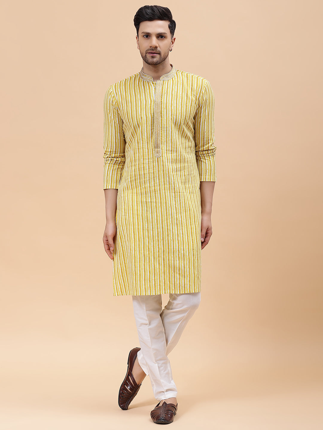 Men Gold & White Pure Cotton Embroidered Straight Kurta With pyjama