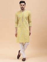 Men Gold & White Pure Cotton Embroidered Straight Kurta With pyjama