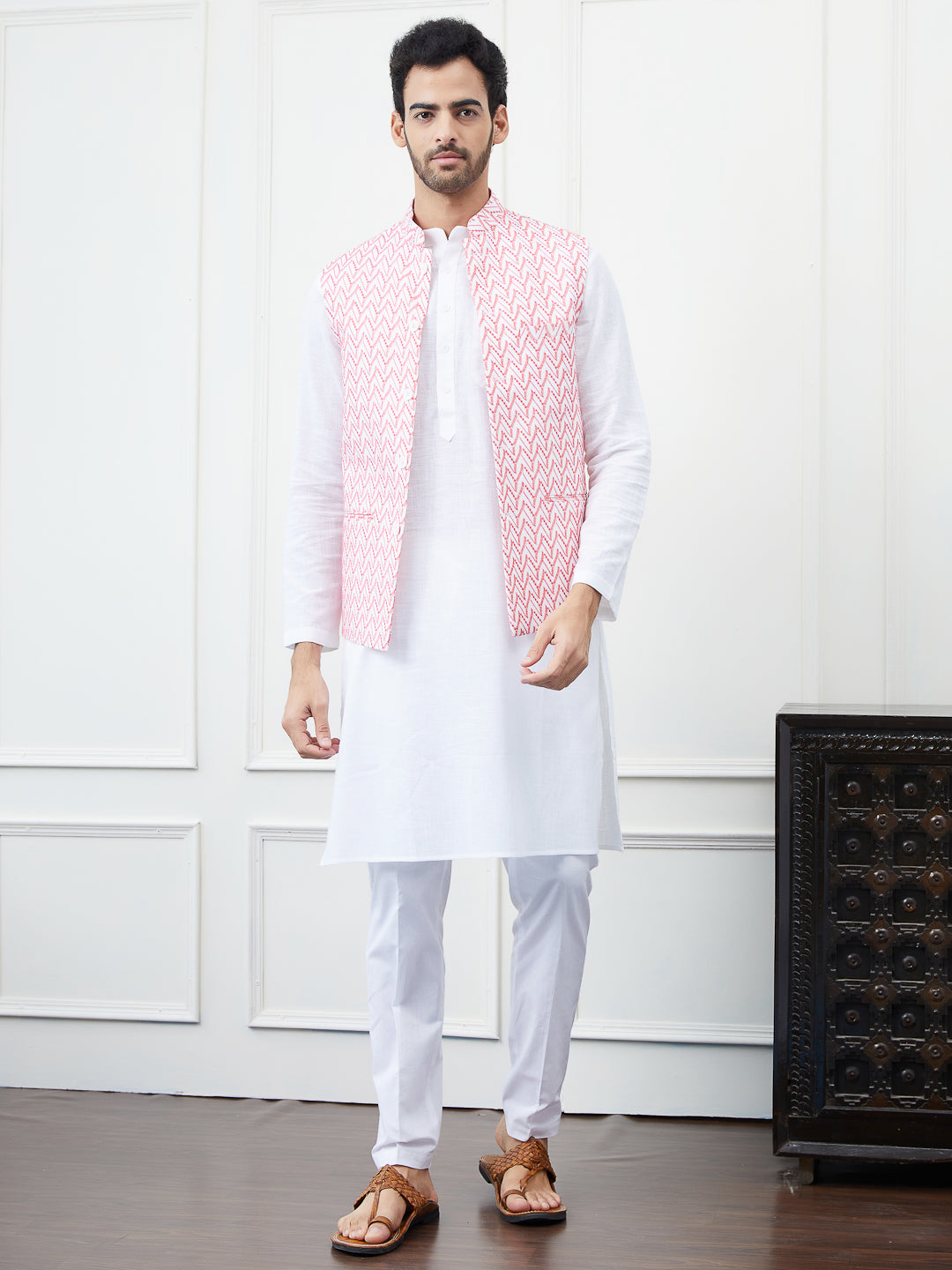 Men White And Pink Color Woven Design Chikankari Embroidery Cotton Nehru Jacket