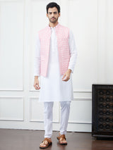 Men White And Pink Color Woven Design Chikankari Embroidery Cotton Nehru Jacket