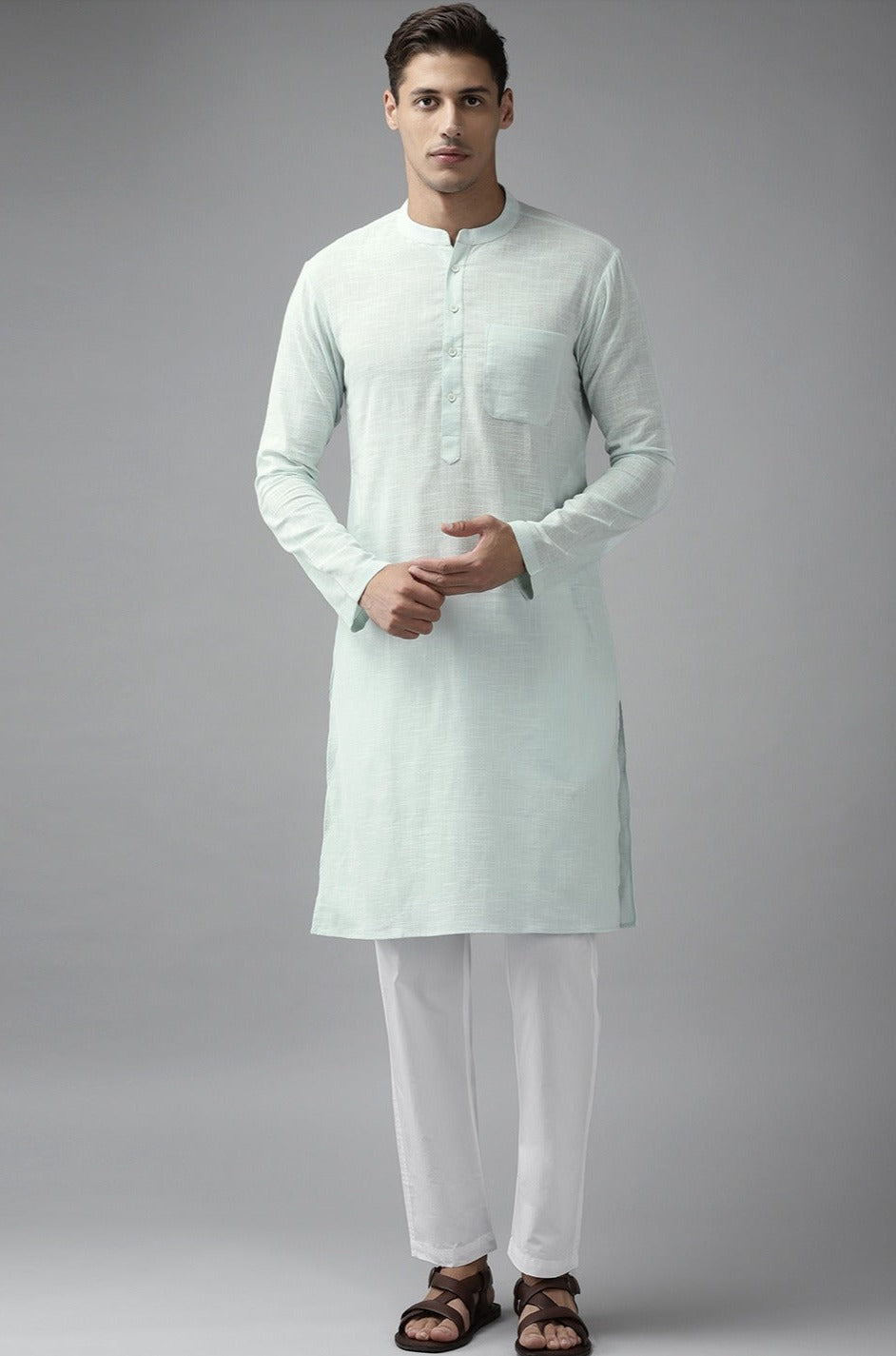 Men Pista Green Cotton Straight Kurta with Slub Effect With Pajama