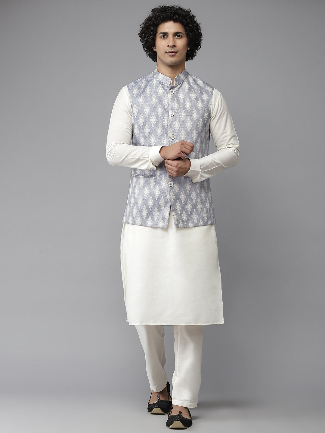 Riwaat.com Men White Solid Kurta Pajama With Sky Blue Nehru jacket Riwaat Indo Western