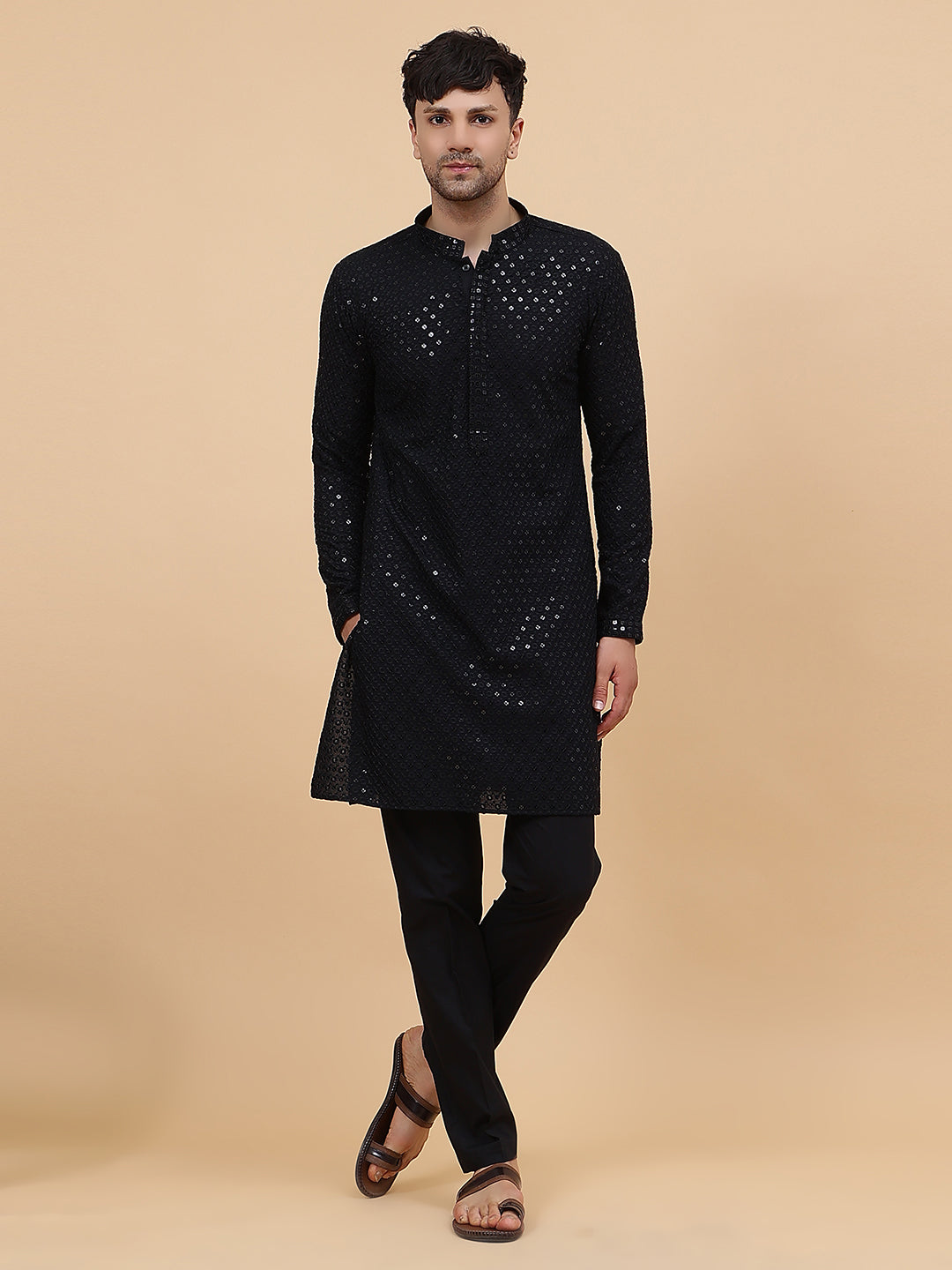 Men Midnight Elegance Embroidered Sequined Rayon Kurta