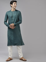 Men Teal & Beige Woven Design Thread Work Kurta