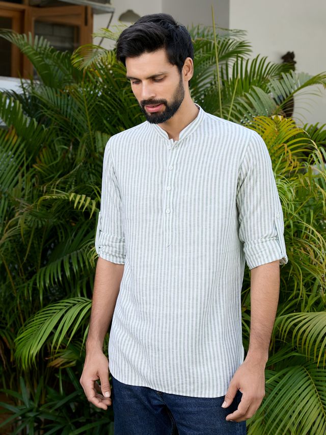 Green Woven Striped Cotton Short Kurta