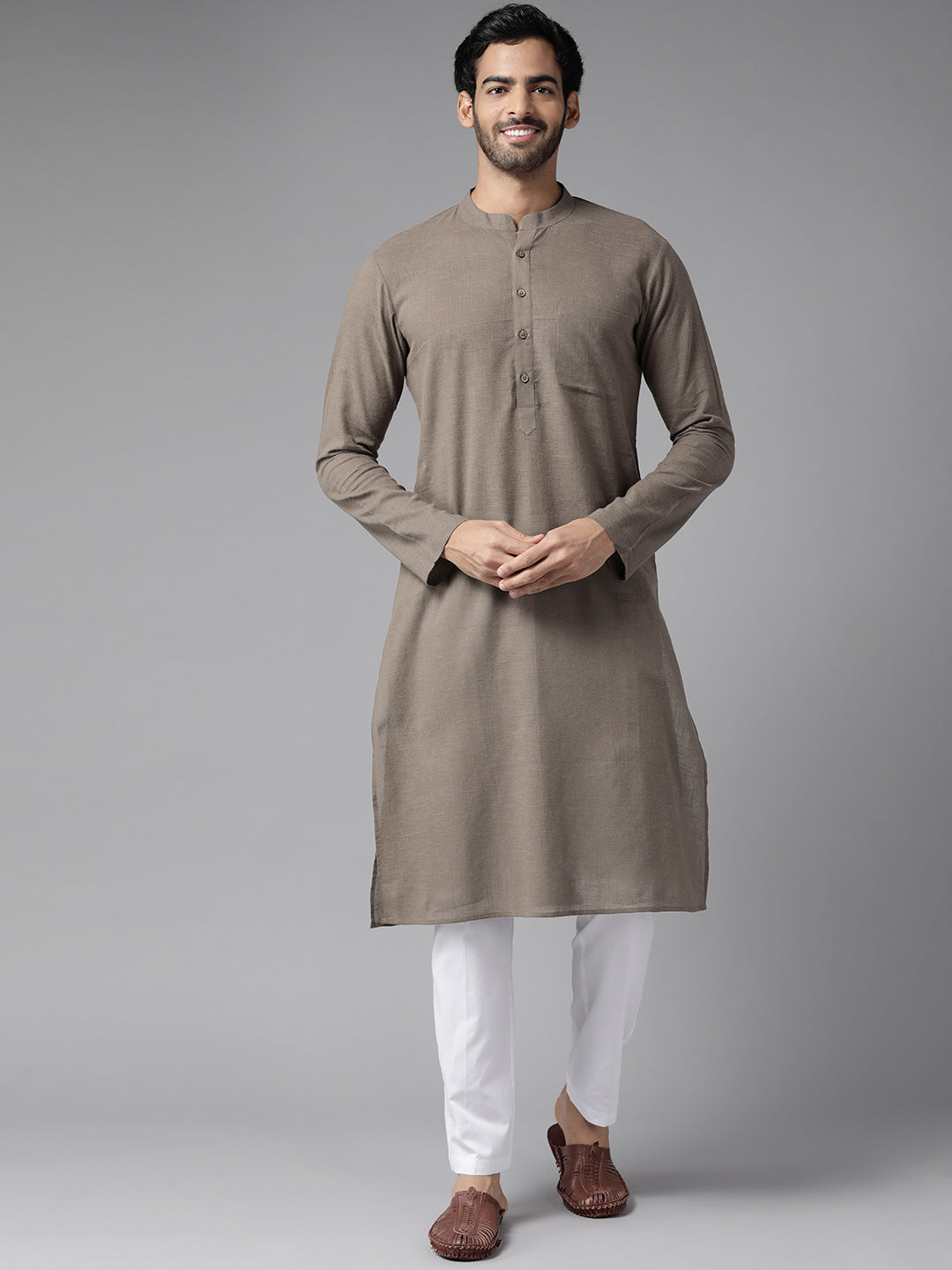 Men Coffee Cotton Straight Kurta With Slub Effect With Pajama